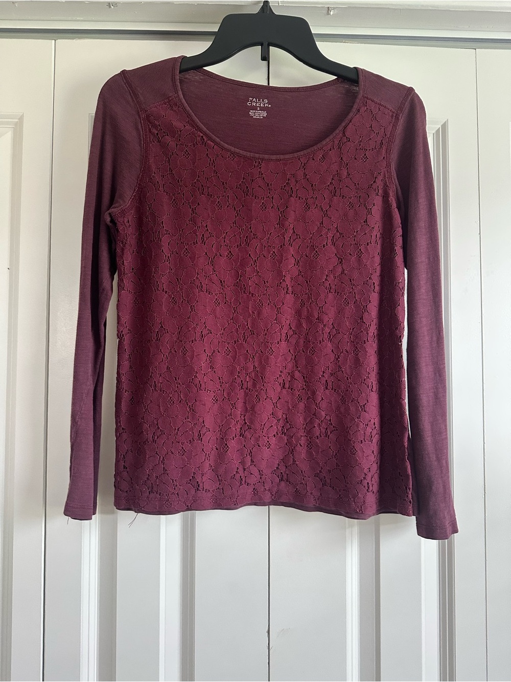Women's Lace Front Long Sleeve Top - Burgundy